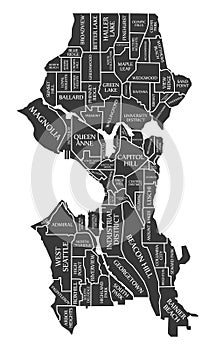 Seattle Washington city map USA labelled black illustration