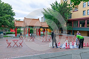 View of Hing Hay Park with pavilion built in Seattle Chinatown