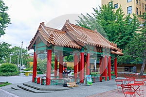 View of Hing Hay Park with pavilion built in Seattle Chinatown