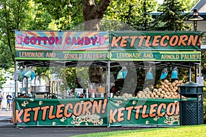 Seattle, Washington - 8/8/2018 : Pop up food stands in the Seattle Center, near the Space Needle and International Fountain