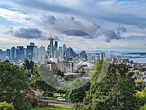 Seattle Washington Skyline with Clouds and Mount Rainier