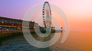 Seattle, Washington, United States usa  janvier ,10, 2019  ,Seattle waterfront with Great Wheel and the Puget Sound with a ferry