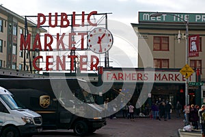 SEATTLE, WASHINGTON, USA - JAN 24th, 2017: Entrance to the Pike Place Market in Seattle Downtown. The market opened in