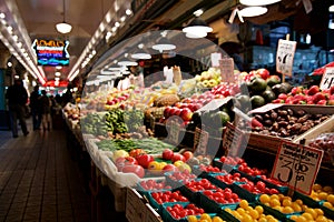 SEATTLE, WASHINGTON, USA - JAN 24th, 2017: Vegetables for sale in the high stalls at the Pike Place Market. This farmer