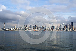 SEATTLE, WASHINGTON, USA - JAN 25th, 2017: A view on Seattle downtown from the waters of Puget Sound. Piers, skyscrapers