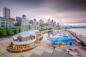 Seattle, Washington, USA pier and skyline