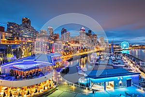 Seattle, Washington, USA pier and skyline at dusk