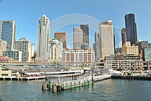 Seattle, Washington waterfront and city skyline views including the Great Wheel and Pier 56, iconic landmarks