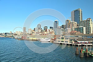 Seattle, Washington waterfront and city skyline views including the Great Wheel and Pier 56, iconic landmarks