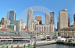 Seattle, Washington waterfront and city skyline views including the Great Wheel and Pier 56, iconic landmarks