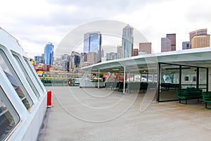 Seattle Waterfront City Skyline. Ferry terminal in Downtown.