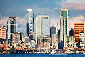 Seattle waterfront downtown view at evening light