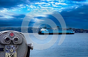 Seattle Waterfront Ferry Boat with tourist telescope