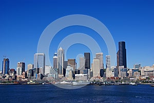 Seattle waterfront skyline,with ferry