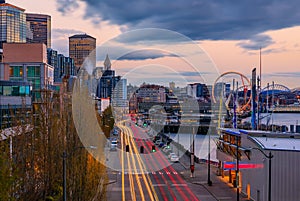 Seattle waterfront skyline and the Puget Sound at sunset in Seattle, Washington