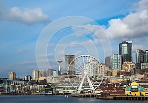 Seattle waterfront and skyline, with the Space Needle showing