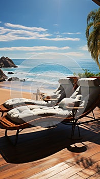 Seaview recliners Chaise lounges on the beach offer relaxation and ocean vistas