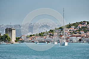 Seaview of Trogir, Croatia, cityscape from level of water, tower, boats