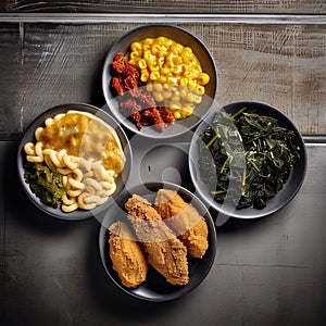 Seaweed, breadcrumbs and corn in bowls on a wooden table