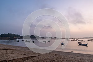 At the seaweed farm before sunrise in the morning, there are seaweed rows and boats