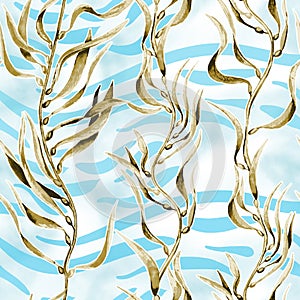 Seaweed kelp seamless pattern. Hand drawn watercolor plants botanical texture