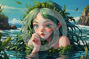 Seaweed Serenade The Enigmatic Adult Seaweed Fairy with Gilded Eyes and Oceanic Charm