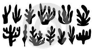 Seaweed set in silhouette style. Collection of colored underwater plants. Flat style.