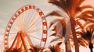 Seaworld Attractions: Ferris Wheel And Black Palm Leaves On Orange Background