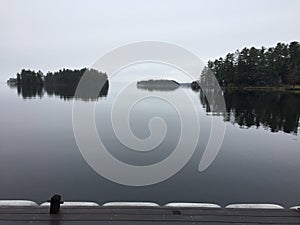 Sebago Lake in Maine on a foggy morning