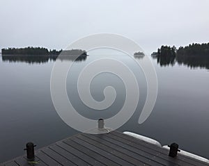 Sebago Lake in Maine on a foggy morning