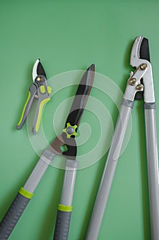 Secateurs, loppers, and hedge trimmers set.Garden tools for topiary cutting of plants. Garden equipment and tools