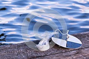 Secchi disk with rope on a wooden dock