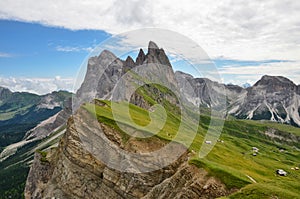 Seceda Mountain peak with green field, Italy, South Tyrol, Dolomites, St.Ulrich in Groeden, Val gardene Dolomites