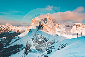 Seceda mountain peaks in the Dolomites at sunset in winter, South Tyrol, Italy