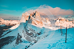 Seceda mountain peaks in the Dolomites at sunset in winter, South Tyrol, Italy