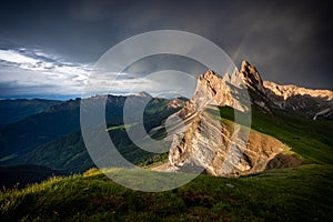 Seceda mountain peaks with rainbow, Suoth Tyrol, Dolomites, Italy,Europe