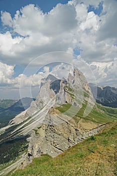 Seceda moutains, a majestic peak in the italian alps next to Ortisei mountain