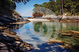 secluded beach cove with calm tidal pool