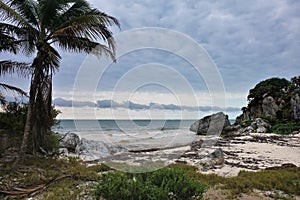 Secluded beach in Mexico, Tulum. Cloudy