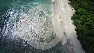 secluded beach with powdery white sand. Lush green palm trees line the shore.