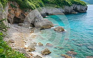 A secluded beach with rocky cliffs, lush greenery, and a small cove of clear blue water