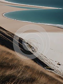 Secluded Beachscape. A panoramic view of a secluded beach with turquoise water and rolling waves, seen from a grassy hill