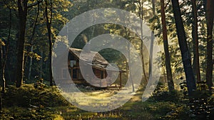 Secluded cabin in dense forest, with sunlight filtering through trees for a tranquil retreat. Private retreats