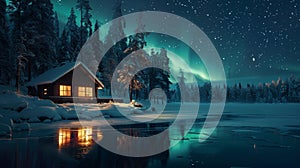 A secluded cabin on the edge of a frozen lake offering a magical view of the Aurora Borealis reflected in the glimmering