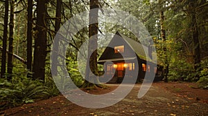 A secluded cabin lies nestled a towering evergreen trees its cozy interior promising a peaceful nights sleep in the