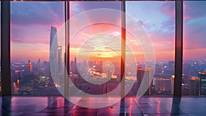 Secluded cityscape: skyscrapers framed by a serene window view.