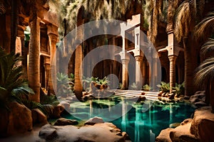 A secluded desert oasis, with a pristine pool of water surrounded by palm trees and ancient ruins