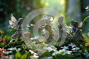 with In a secluded forest clearing, close-up view of ethereal faeries gather for a mystical celebration, AI generated