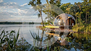 A secluded geodesic dome nestled on the edge of a scenic lake providing guests with a tranquil retreat to relax and