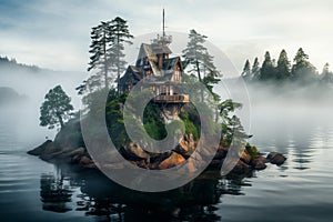 Secluded House island foggy lake. Generate Ai